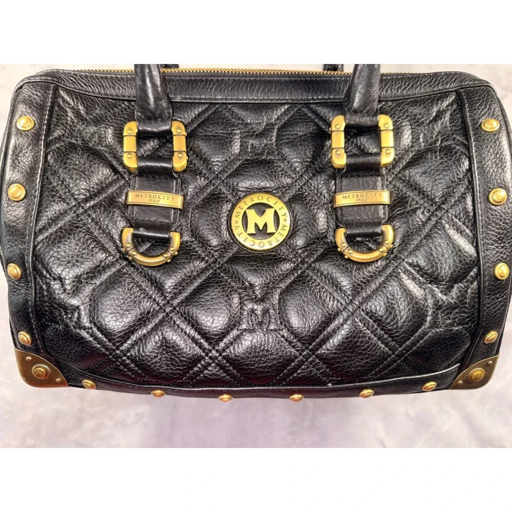 Metrocity Italy Black Quilted Pebbled Leather Satchel Handbag Brass Hardware